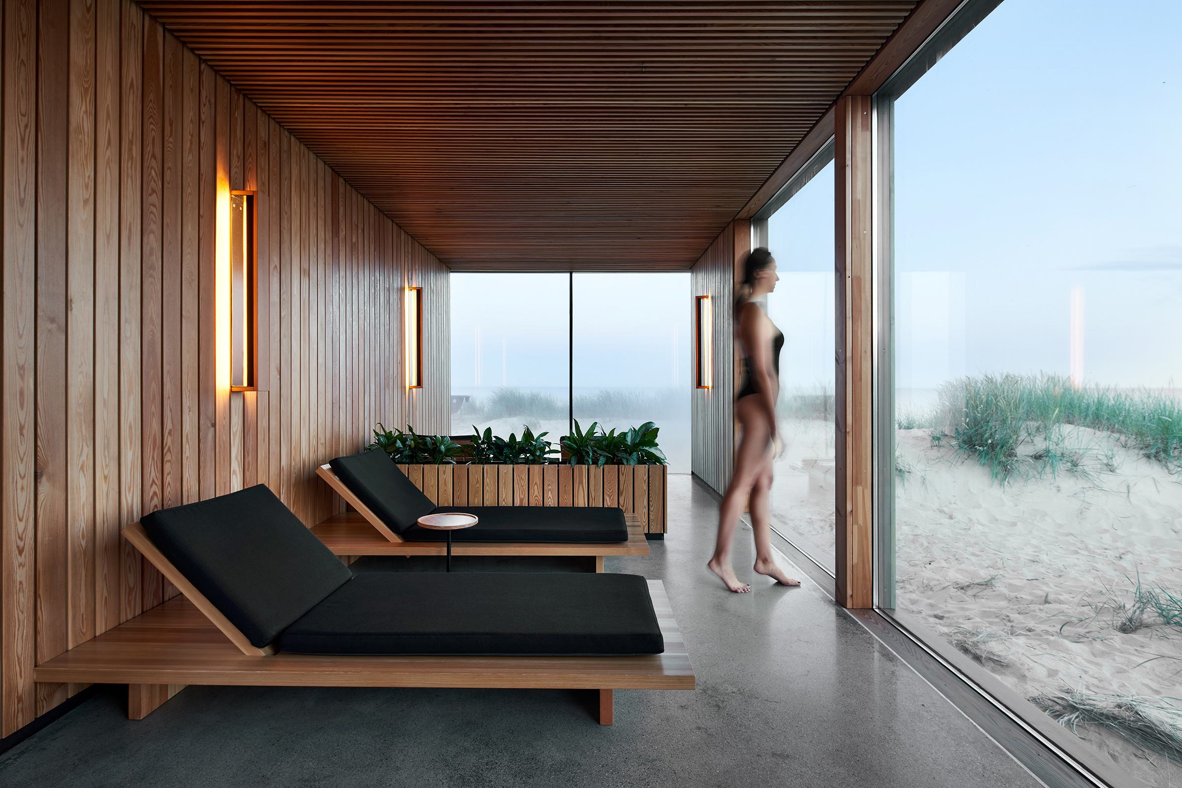 Warm timber sauna looking out into a tropical garden